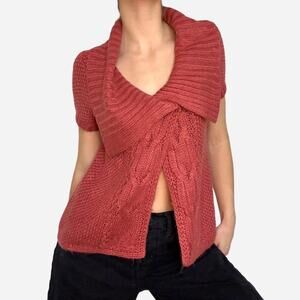 Pink knitted short sleeve one button cardigan short sleeve knitted sweater